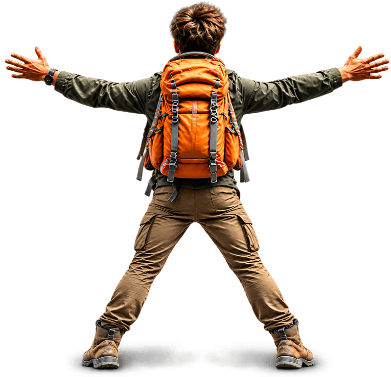 Excited Jumping Traveler with Orange Backpack